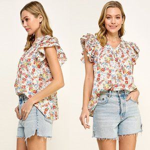 🔥LAST ONE🔥 Women's Floral Print Tiered Ruffle Blouse (TAUPE/CORAL)